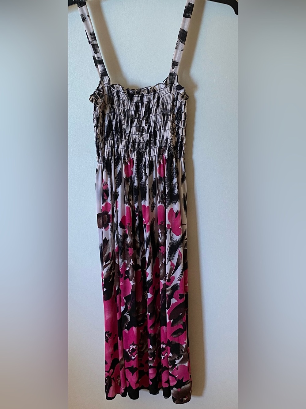 NEW PINK AND BLACK FLORAL SMOCKED MAXI DRESS